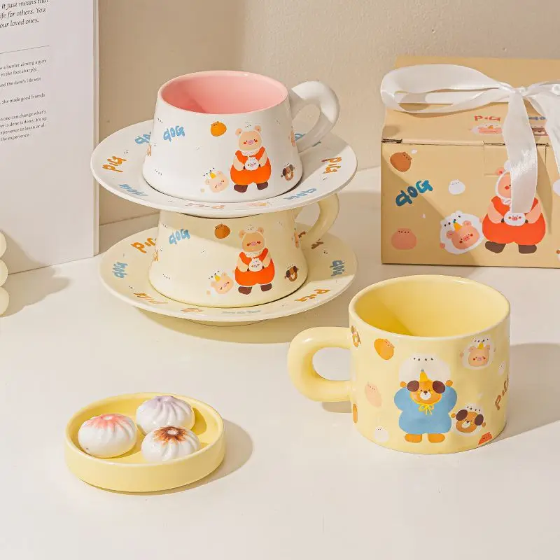 

Cartoon Pig Ceramic Coffee Cups Plates Creative Female Household Kitchen Breakfast Water Cup Coffee Mugs Birthday Gift