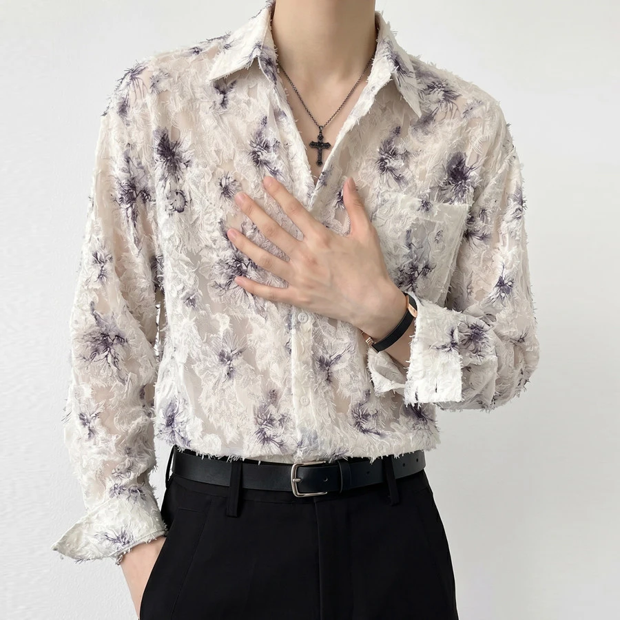 Men's Elegant Flower Jacquard Shirts Thin Breathable See-through Long Sleeved Men Shirt Trendy Dance Stage Performance Costumes