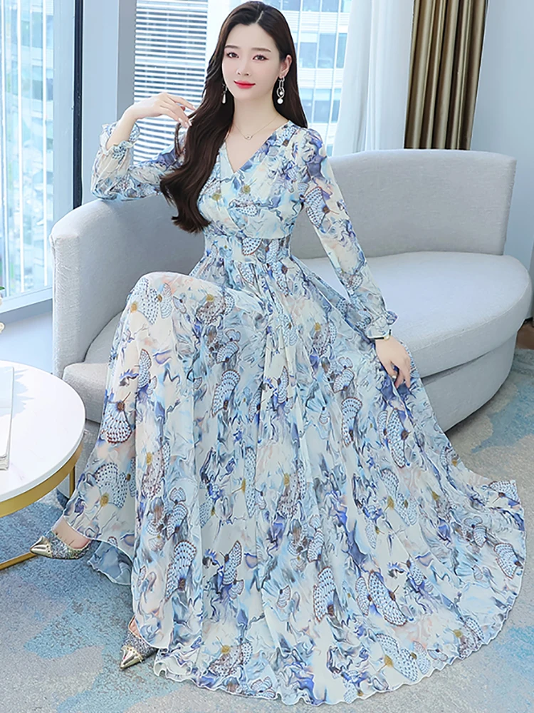 Spring Autumn Casual Boho Beach Long Dress 2024 Elegant Bodycon Party Evening Vestidos Women Floral Chic Prom V-Neck Maxi Dress