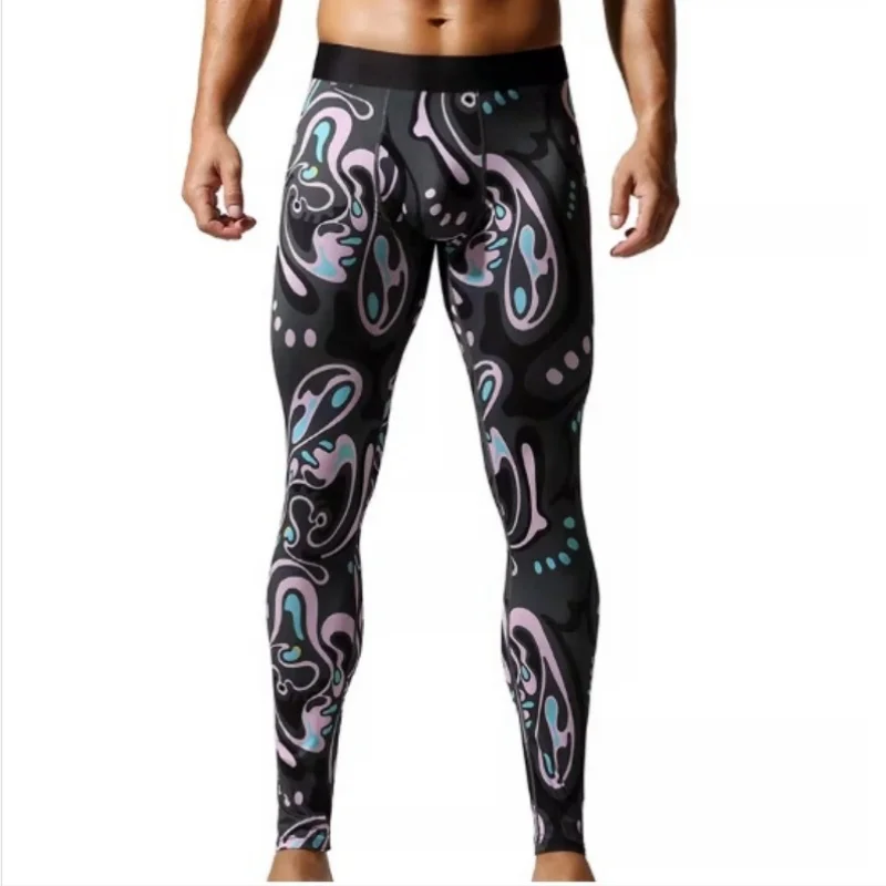 Trendy Men's Printed Warm Compression Pants Athletic Tights High Elasticity Sports Leggings For Basketball Gym Running Workout