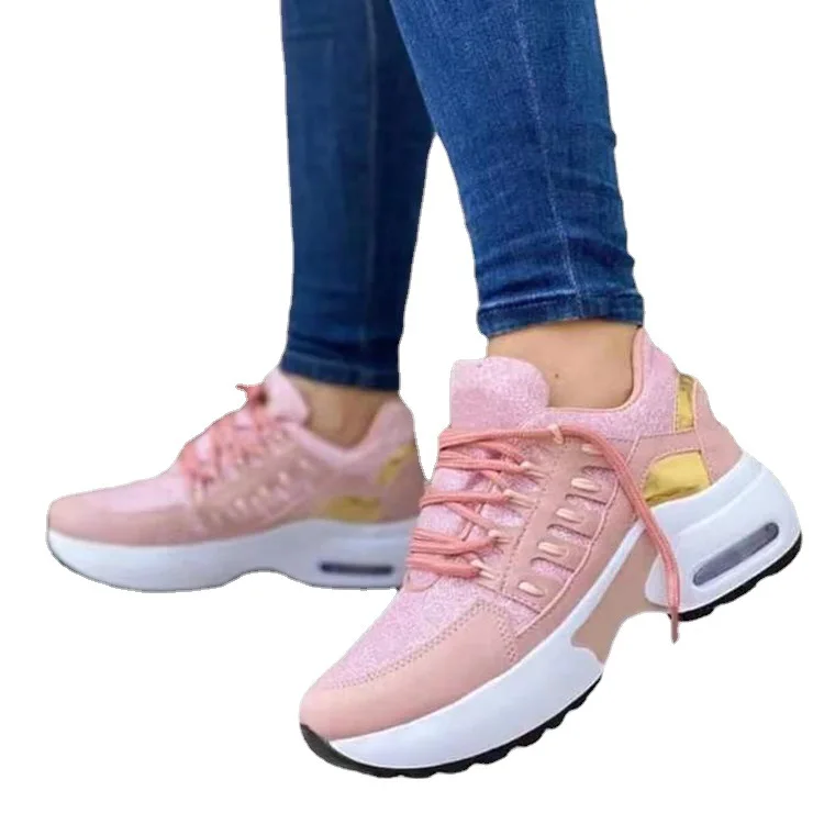 Zapatillas de deporte con plataforma y diamantes de imitación para mujer, zapatos informales con cuña grande, tela de malla brillante, 2024