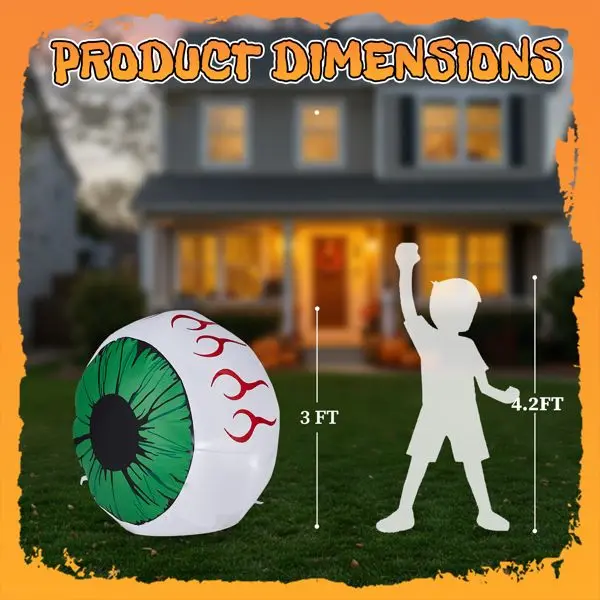 3FT Halloween Inflatable Eyeball with LED Lights, Green Glowing Eye Decor for Outdoor/Indoor Spooky Party, Weather-Resistant & E