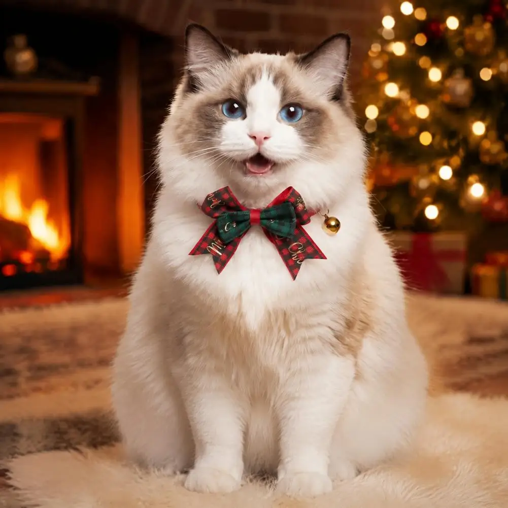 Christmas Pet Accessories Christmas Bow Pet Collar with Bell Adjustable Plaid Print Cat Small Dog Collar for Pets for Pets