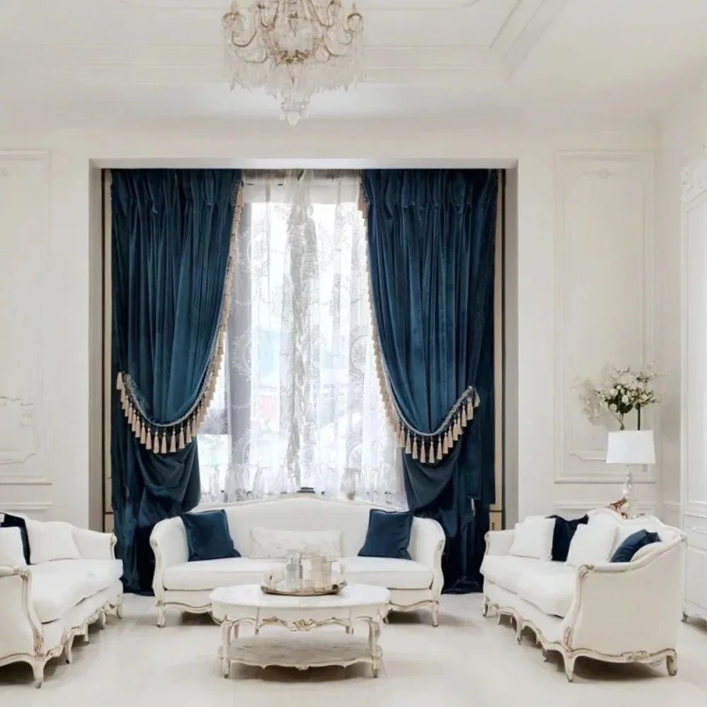 American French Imported Blue Velvet Curtains for Living Room Bedroom Luxury High-end European Villa Curtains Custom Home Decor