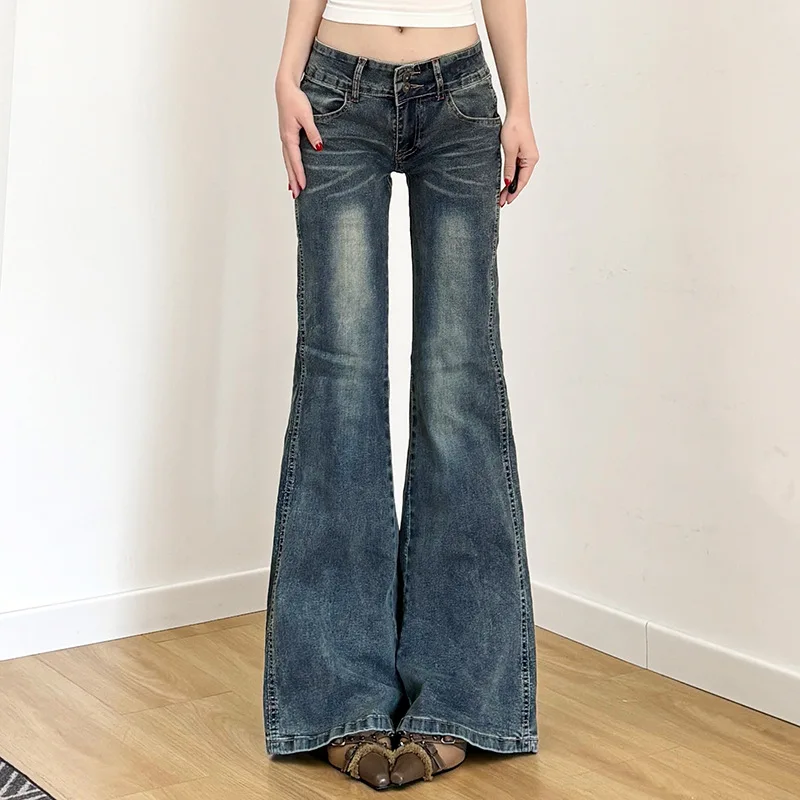 

Street retro personality wide waist head double button slim slim micro-cropped pants low waist wash water base all-match jeans