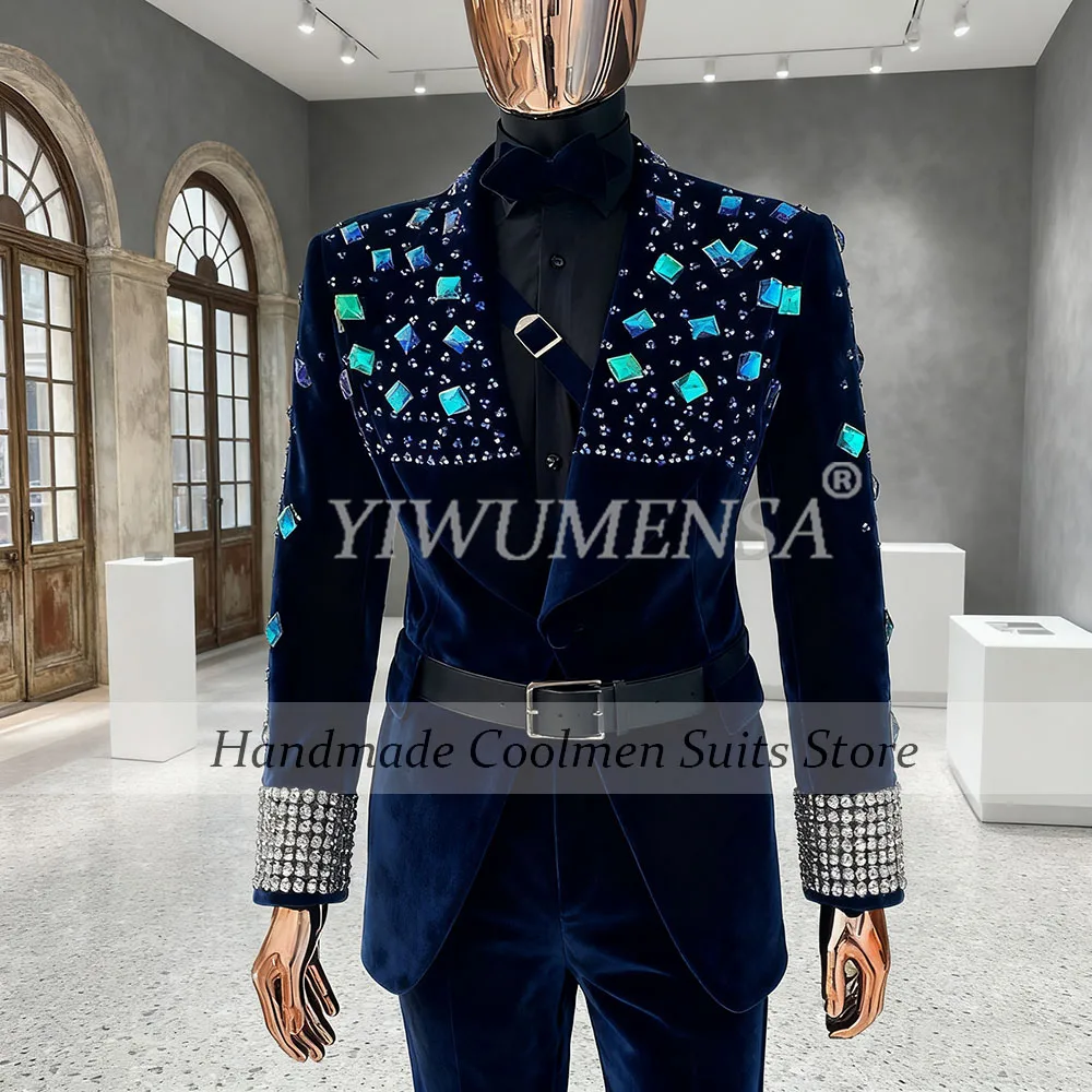 

Jewelry Stones Velvet Suits Men 2 Pieces Sets Italian Design Single Breasted Prom Blazers Customized Male Fashion Groom Tuxedos