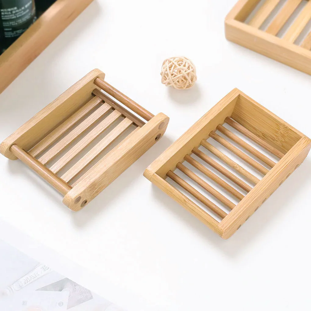 Soap Dish Container Handmade Bamboo Storage Tray Draining Box Bathroom Shower Kitchen Products 7.9*12cm wood color