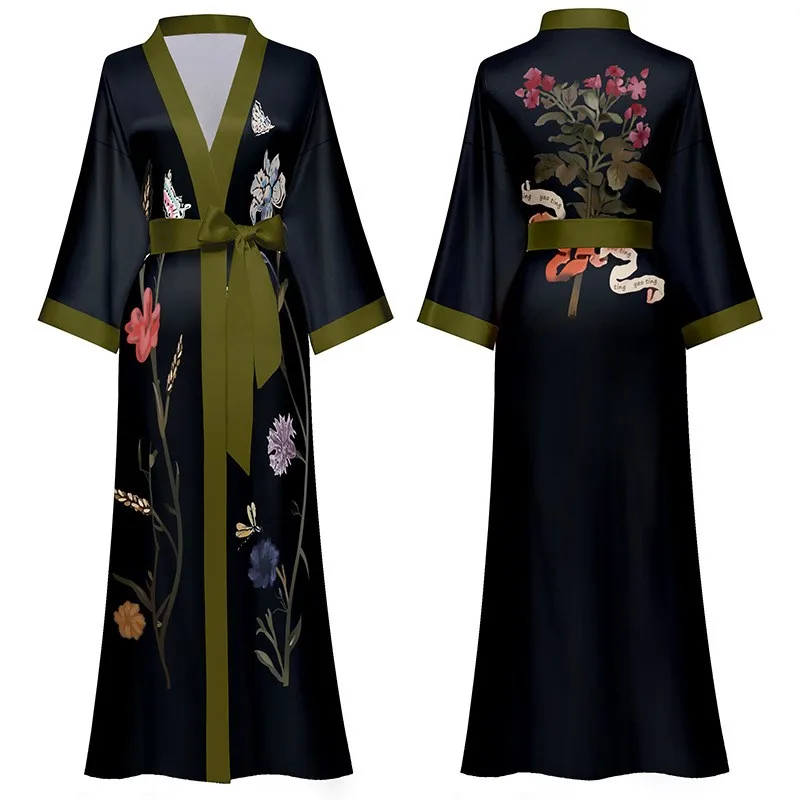 Print Flower Long Kimono Bathrobe Gown Oversize Female Robe Nightdress Sexy Loose Nightgown Lounge Wear Spring Summer Home Dress