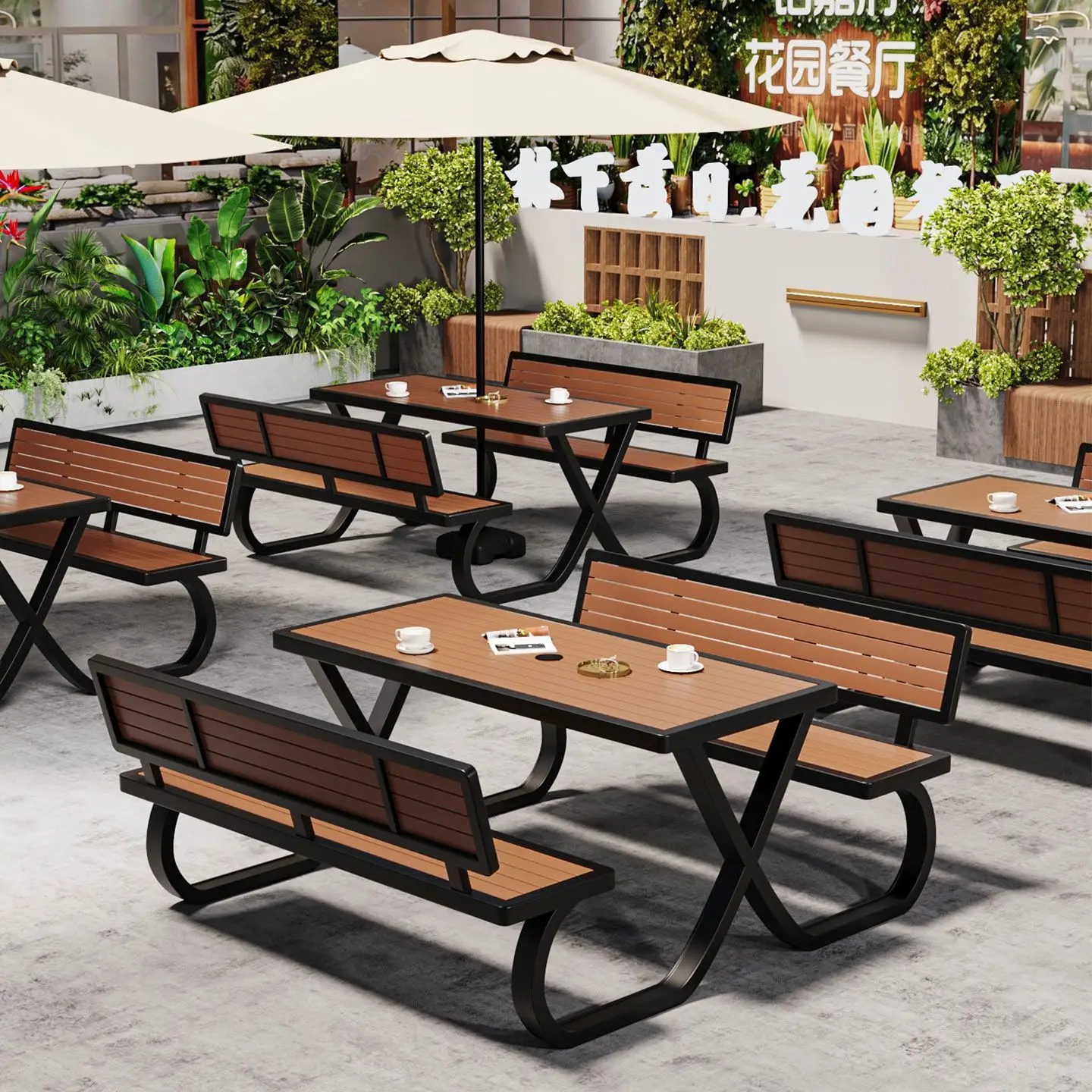 Outdoor open-air waterproof and sunscreen commercial shopping district square leisure plastic wood integrated card seat courtyar