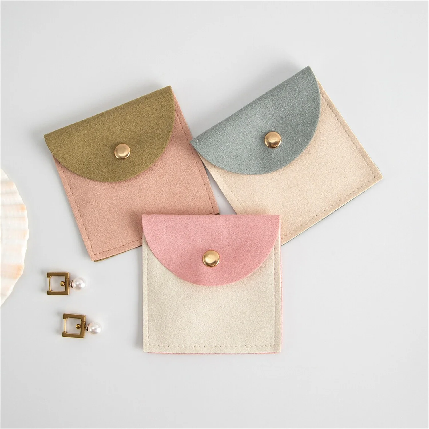 

8x8cm size Microfiber Jewelry Pouch With Button Custom Jewelry Bag Ring Necklace Packaging
