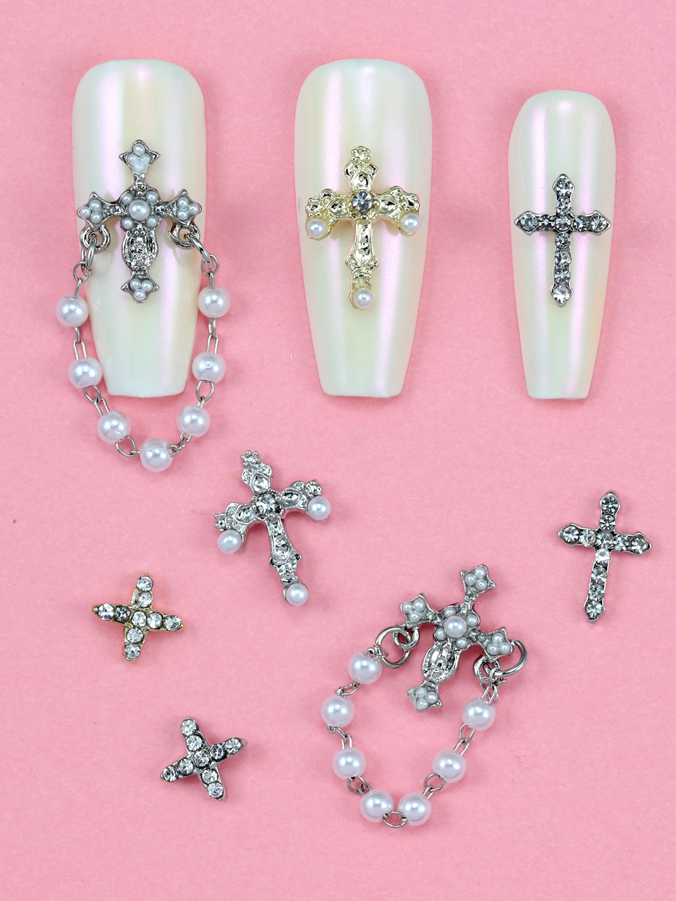 10pcs/1box Nail Art Nail Charm Nail Accessories Luxury Exquisite Cross Glass Beads Tassel Pendant Shining Nail Gem DIY