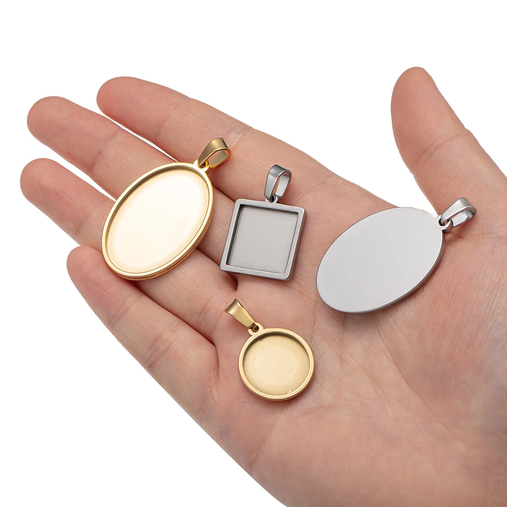5pcs Stainless Steel Cabochon Setting Trays 10/15/20/30/35/40mm Dia Pendant Base Blank For Necklace DIY Jewelry Making Supplies