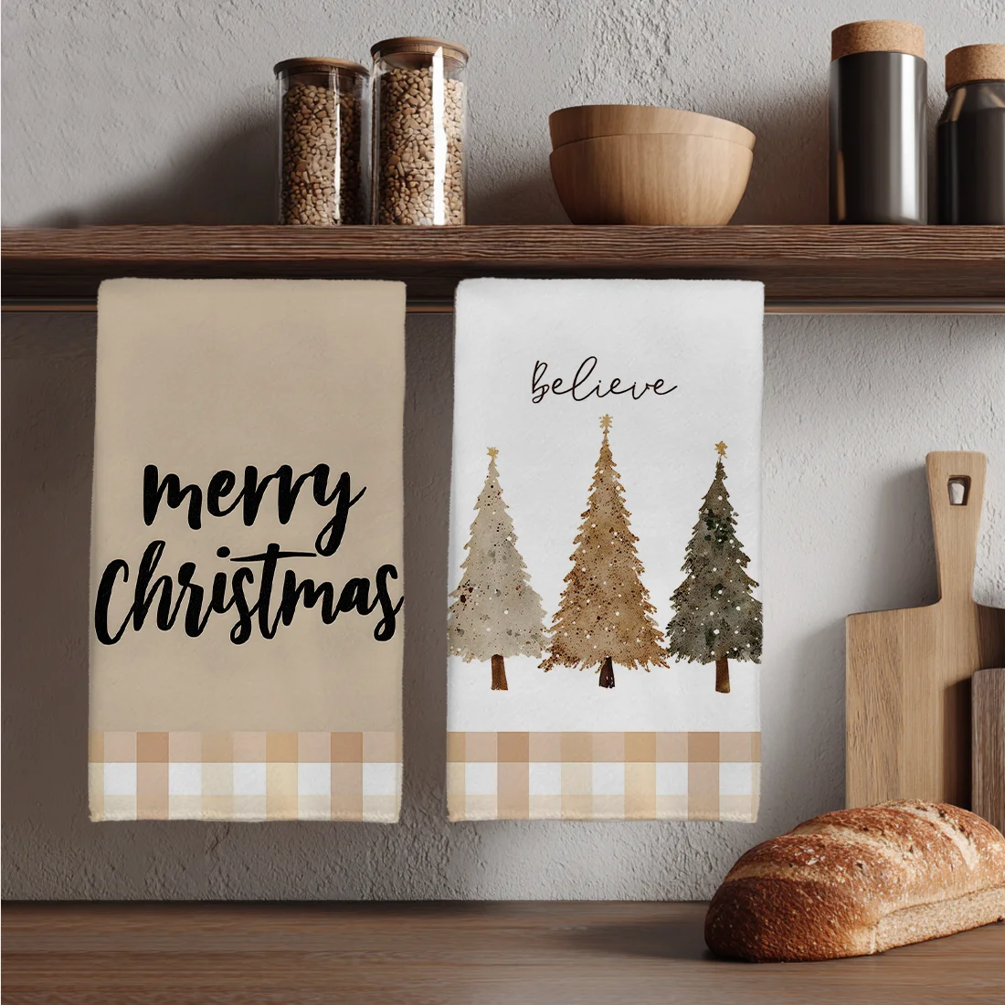 2PCS Brown Christmas Tree Merry Christmas Text Kitchen Towels Dish Towel Dish Cloths for Kitchen Decoration 40x60cm