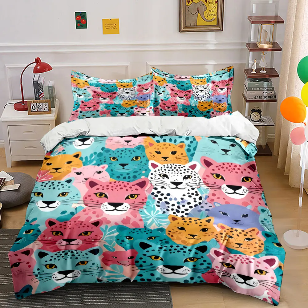 

3Pcs Colorful Leopard Bedding Set, Vibrant Pastel Wild Cats Print Duvet Cover + 2 Pillowcases, Boho Decor