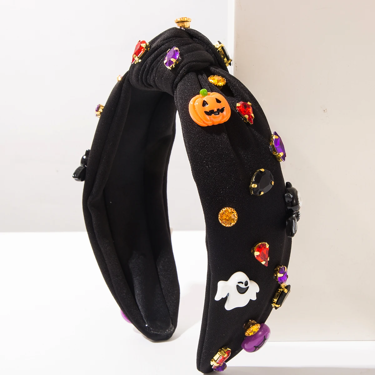 Cross Border New Fashionable Solid Color Glass Diamond Pumpkin Ghost Knot Wide Edge Headband Halloween Hair Accessory