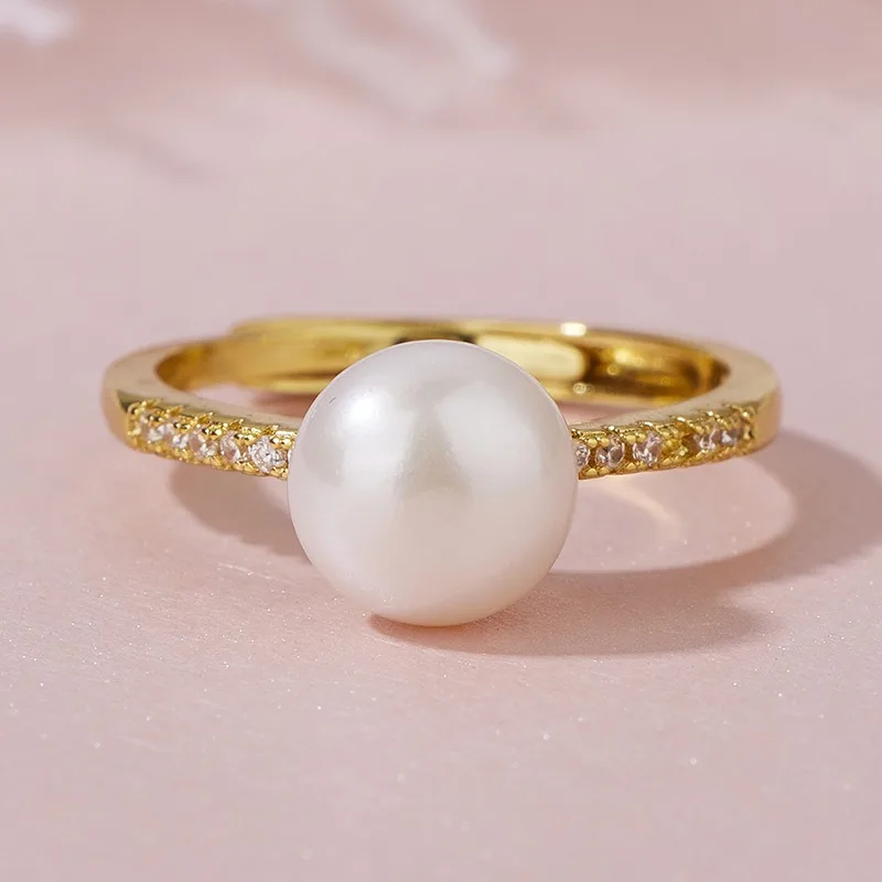 Hengsheng 2025 New Arrivals 9-10mm Freshwater Cultured Pearl Rings for Women Zircon Fashion Adjustable Rings Jewelry Gift