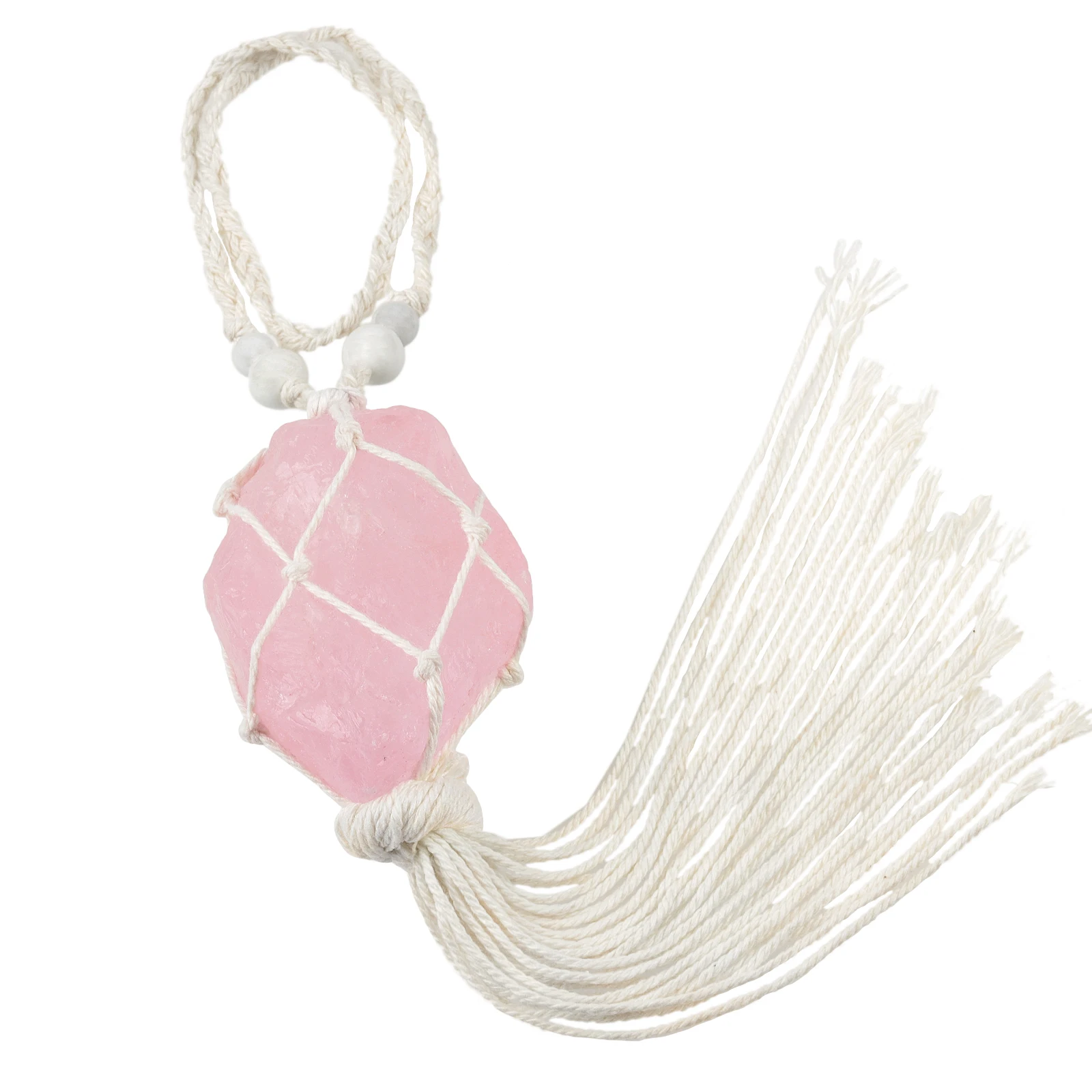 Rose Quartz Healing Crystal Raw Stone Hanging Ornament with Tassels Feng Shui Wall Ornament for Home Car Decoration