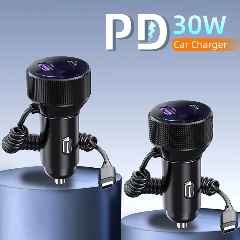 External Spring Charging Cable PD30W Multi-colour Ambient Light Fast Charging Car Charger