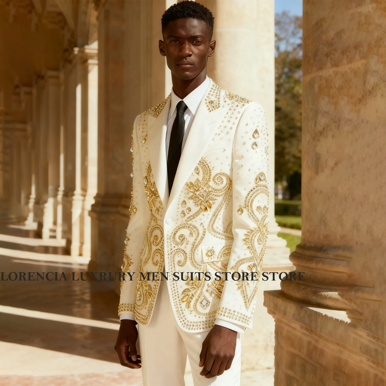 

Customized African Ornament Rhinestones Men Glitter Suits 2 Pieces Sets Groom Male Blazers Wedding Party Tuxedos Ropa hombre