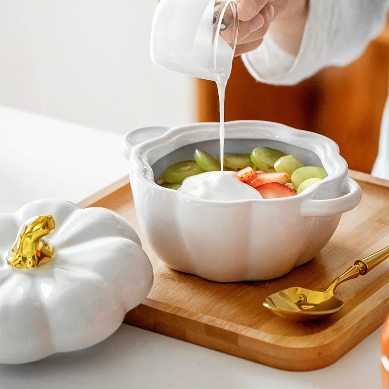 Pumpkin Shape Bowl With Lid Ceramic Soup Salad Cereal Bowl Bakeware Oven Baking Pan Kitchen Halloween Party Festival Decoration