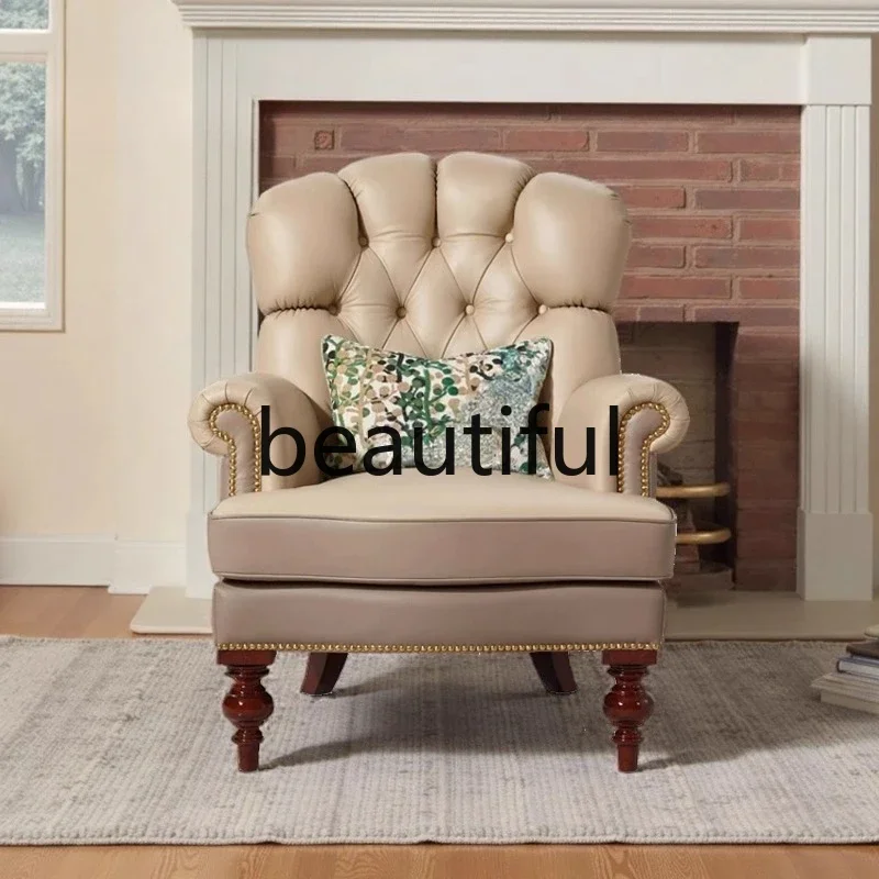 X  Single sofa, solid wood, leather, high-back leisure sofa chair