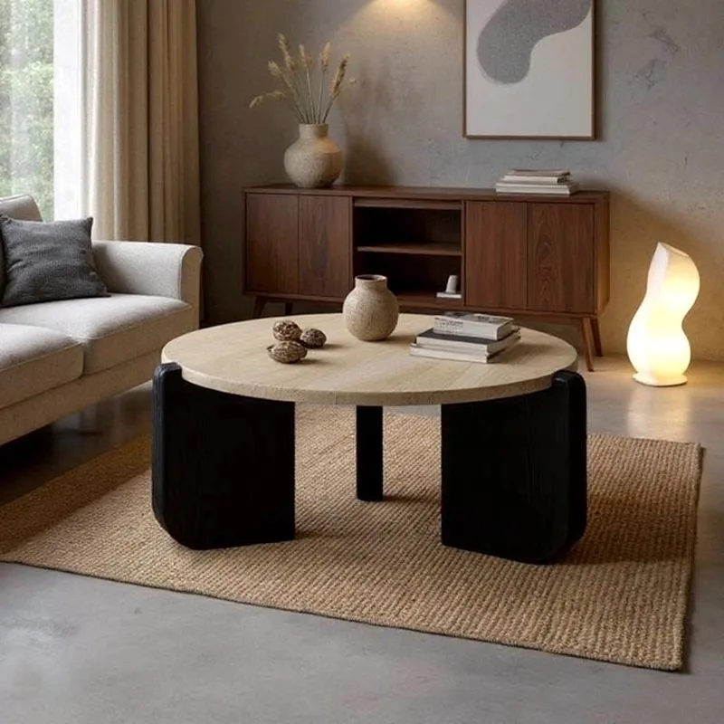Wabi Sansan natural travertine coffee table, living room household minimalist size apartment round solid wood edge table