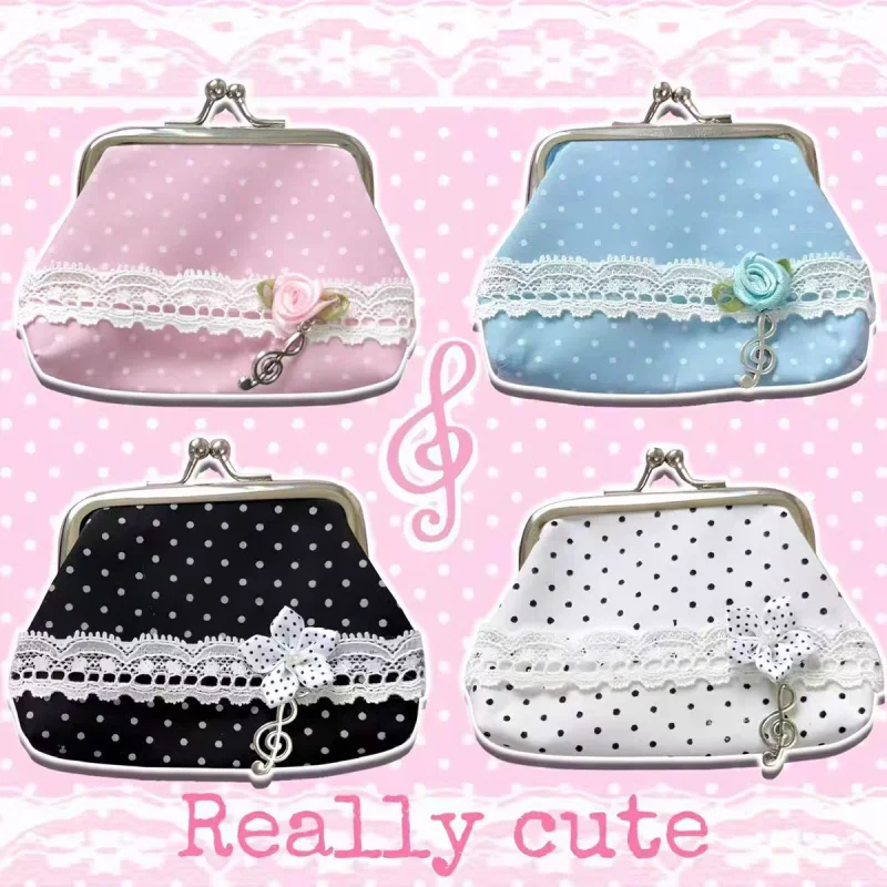Cute Polka Dot Kiss Lock Coin Purse Women Lace Floral Music Note Small Wallet Mini Handbag Girl Lipstick Storage Pouch