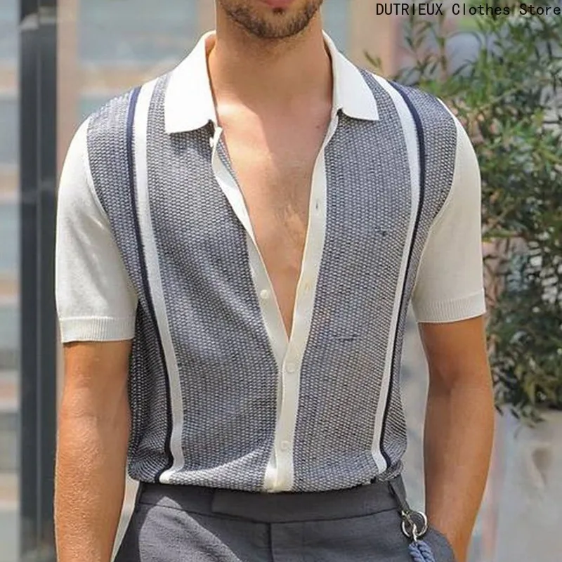 

Summer Men's Polo Shirt with Contrasting Color Stripes, Knitted Lapel Short-sleeved Business Shirt, Breathable Light Casual Top