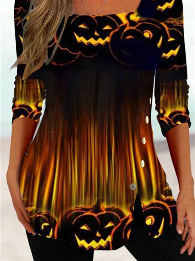 Plus Size Women Long Sleeve Square Neck Graphic Halloween Tops