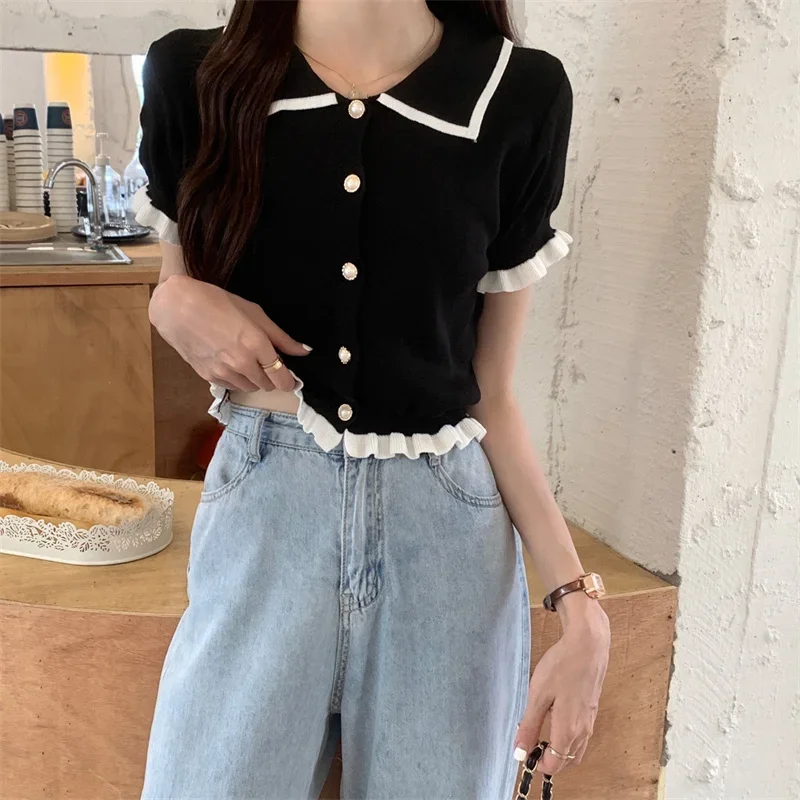 Shirts Woman Patchwork Elegant Retro Office Lady All-match Button Fashion Korean Butterfly-sleeve Simple Daily Ins Casual Summer