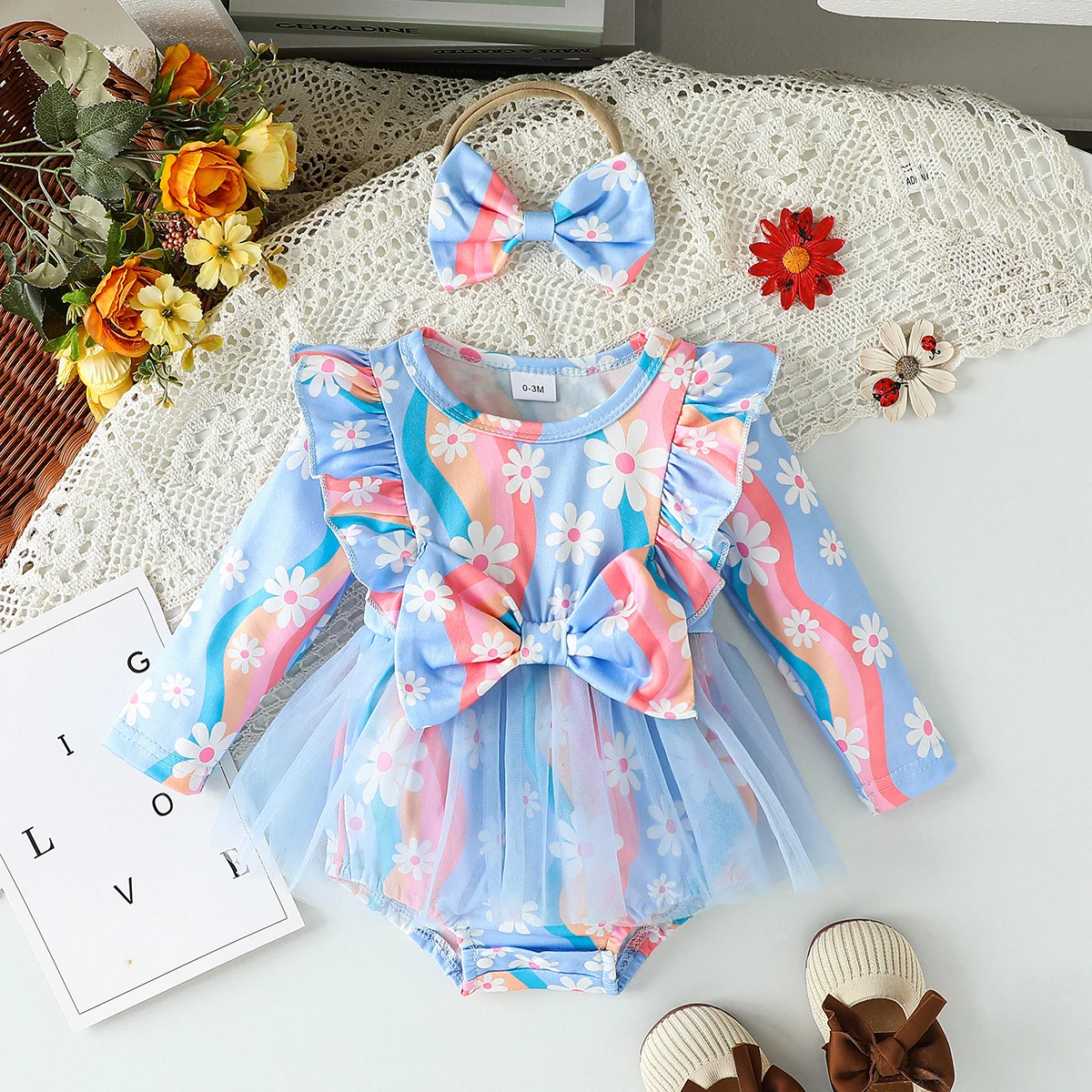 2Pcs Newborn Infant  All Seasons Baby Girls Rompers Print Mesh Long Sleeve Jumpsuit Outfits Clothes For 0-1Y+Headband