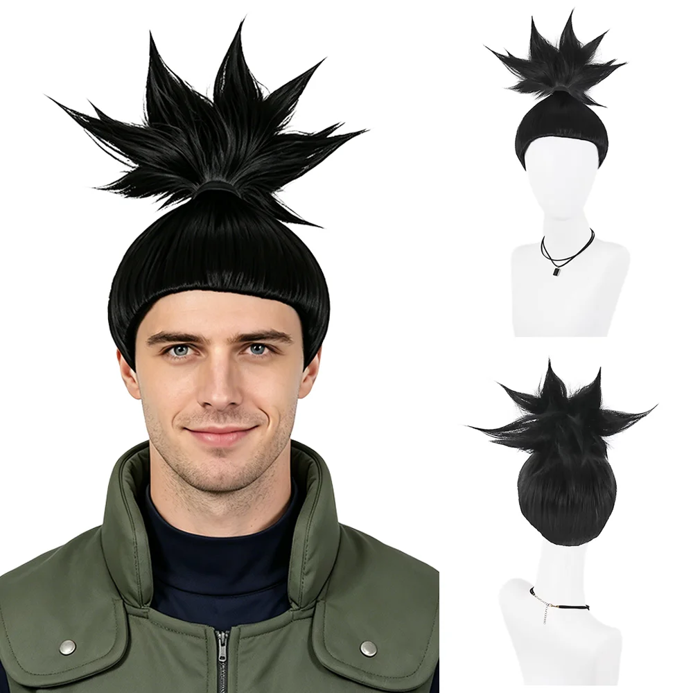 Nara Shikamaru Cosplay Wig 30cm Black Spiky High Ponytail Heat Resistant Synthetic Anime Wig For Unisex Halloween Party Costume