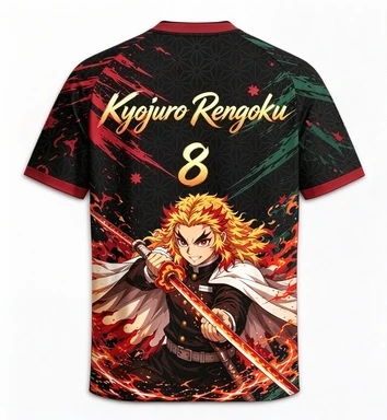 Ghost Slayer Character # 8 Flame Print Black, Red, Green Contrasting Anime Mesh Casual Cosplay Streetwear Top