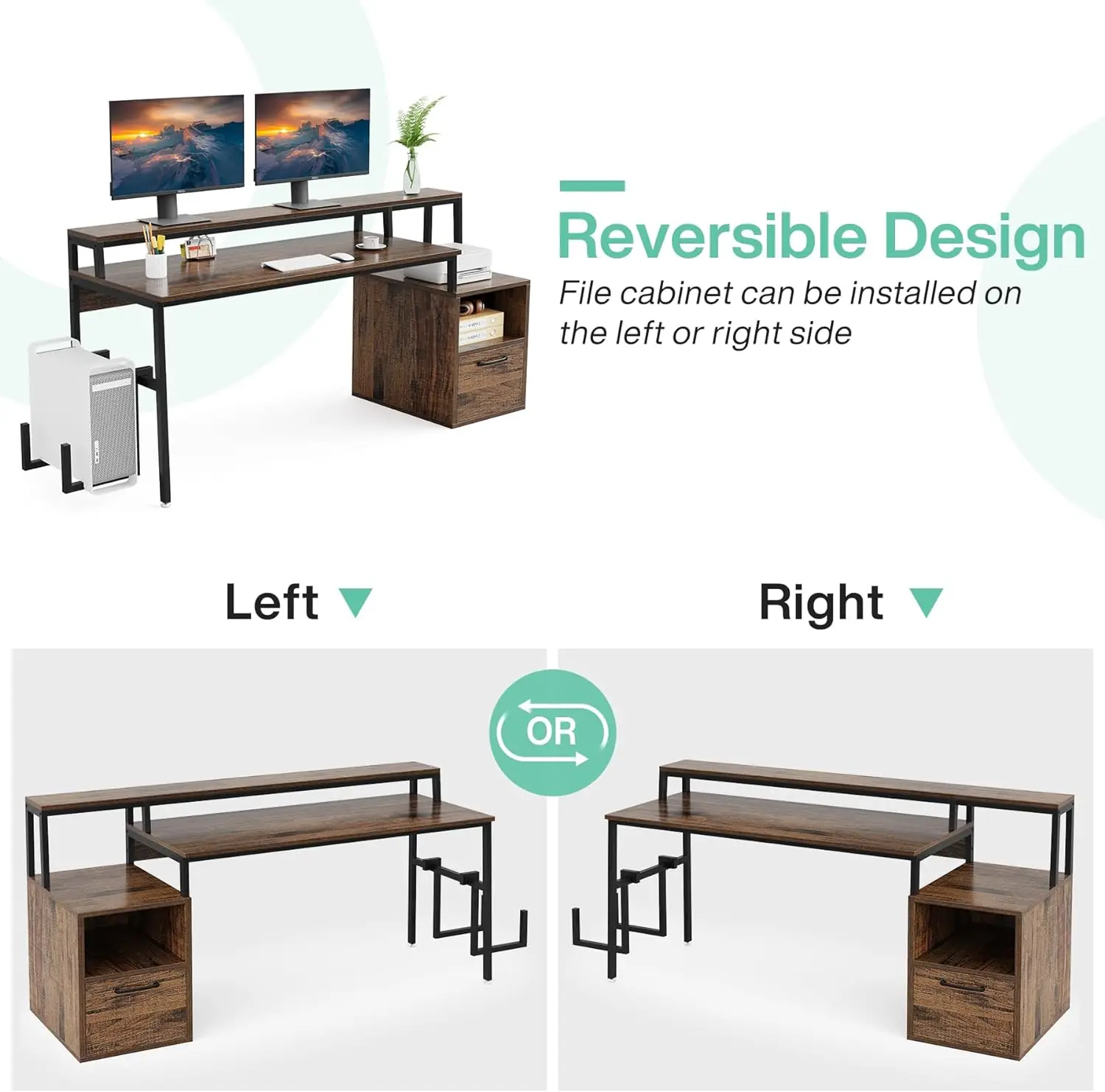 Escritorio de ordenador con soporte para Monitor, escritorio de oficina en casa grande Reversible de 63 "con cajón y estantes de almacenamiento, mesa de escritura de estudio Industrial