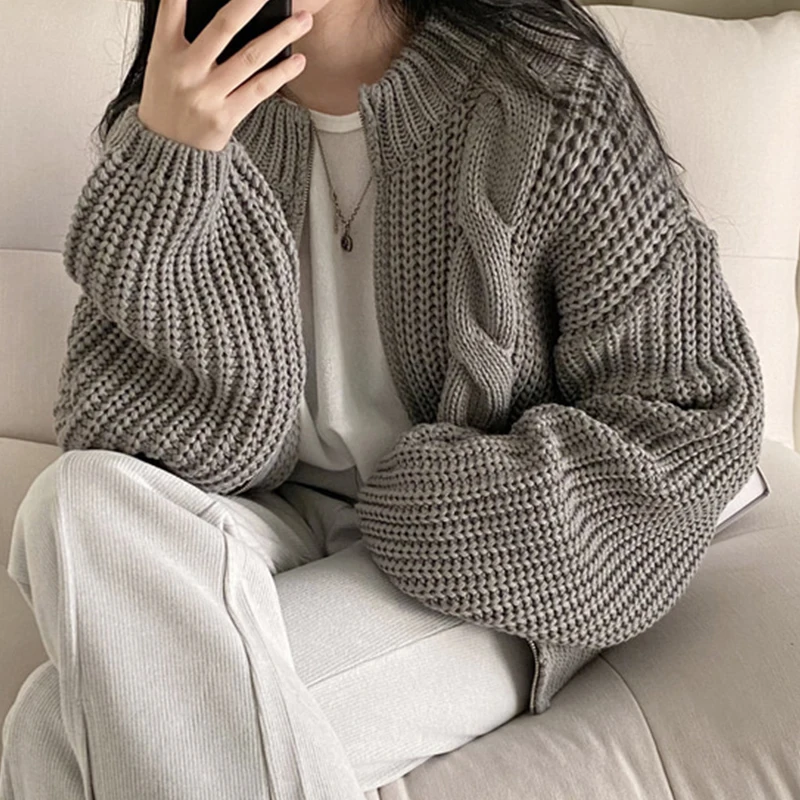 Casualowy dzianinowy sweter z zamkiem błyskawicznym Płaszcz damski Jesień Zima Zagęszczony sweter Wzór Twist Modne topy