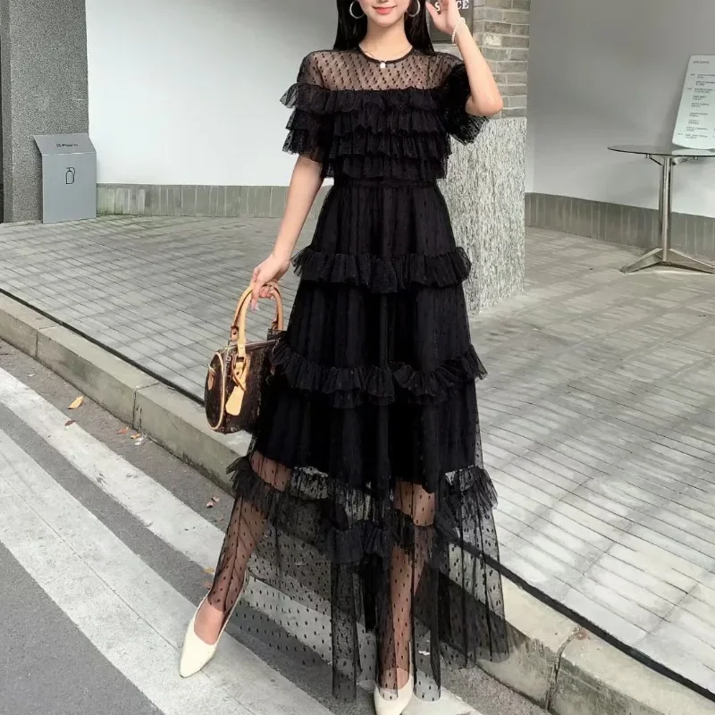 New Ruffles Mesh Vestidos Elegant Tunic Vestido Summer New Women 2025 Dresses Temperament Dress Advanced Sense Clothing