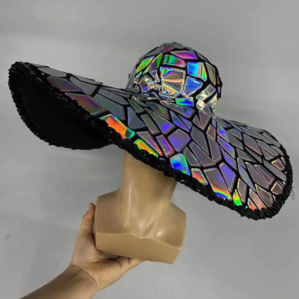 Chapeau à paillettes scintillantes à large bord pour femmes, casquette de danse Jazz, personnalité, discothèque, DJ, chanteur, accessoires de scène