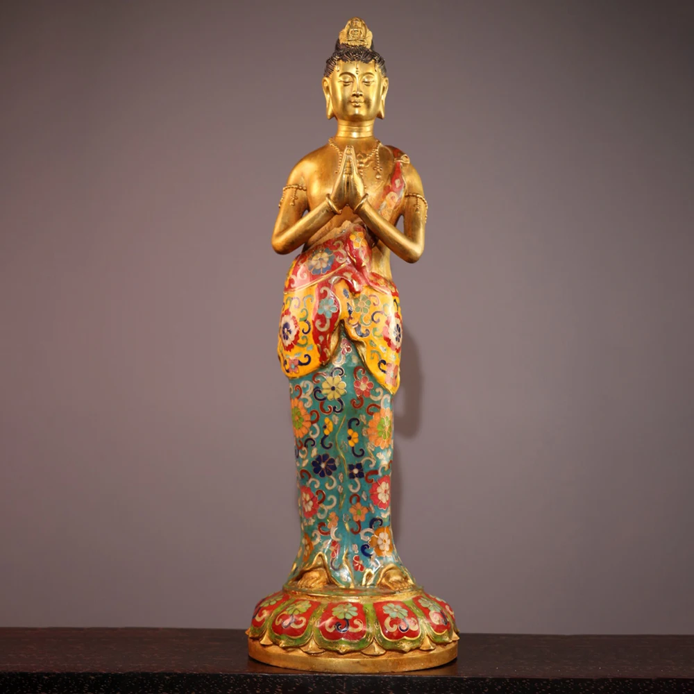 Bronze Cloisonne Enamel Standing Guanyin Bodhisattva Statue Serene Face Fine Craft Heavy Patina