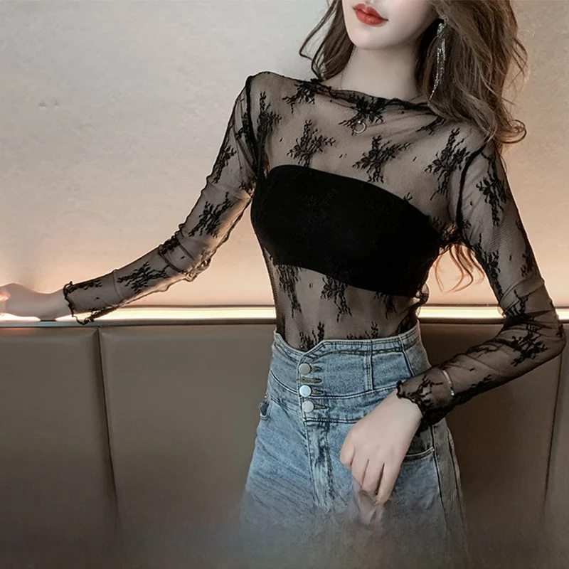 

Sexy Transparent Lace Hollow out Long Sleeve Base Shirt Women's T-Shirt Netting Underwear Flower Pattern round Neck Fit Autum...