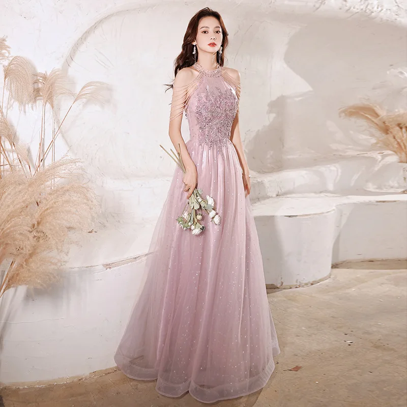 Pink evening dress new style temperament dinner party host long dress