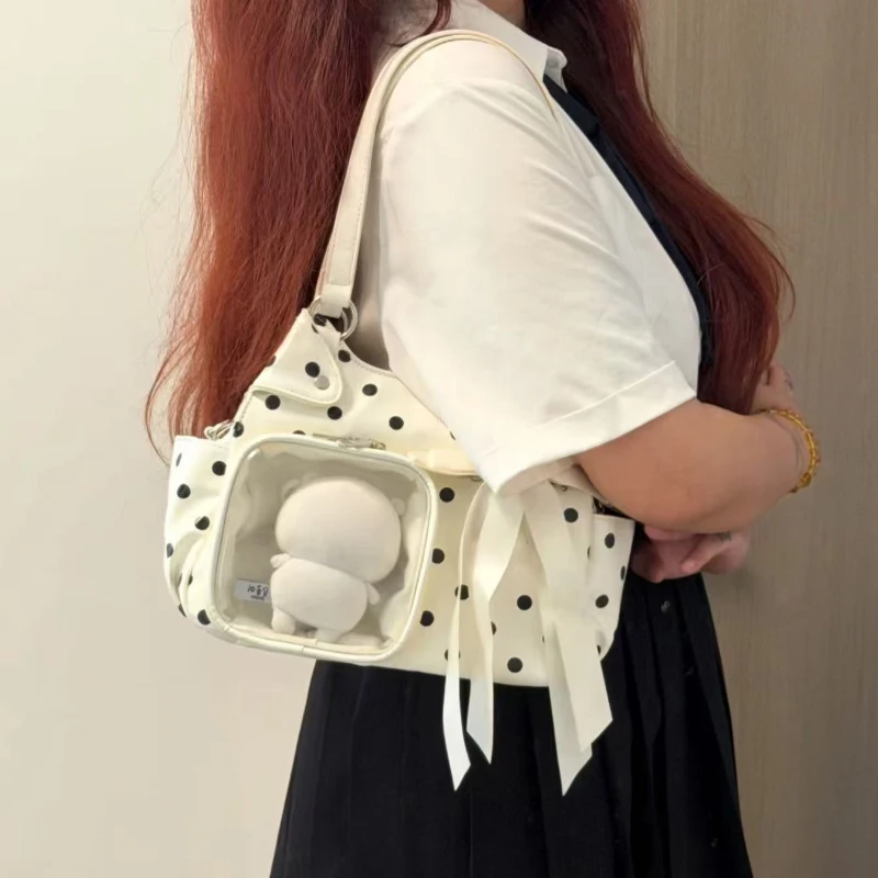 Polka Dot Ita Bag mit transparentem Sichtfenster, Damen-Umhängetasche, japanische Mädchen-Handtasche mit süßer Schleifendekoration. – Detail 6