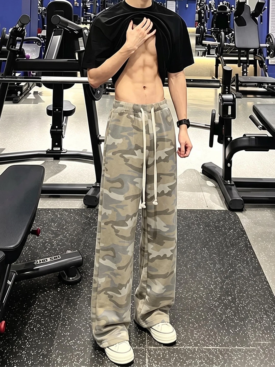 American Style Vintage Camouflage Men's Summer Thin Drawstring Wide Leg Casual Pants Loose Straight Sport Long Trousers