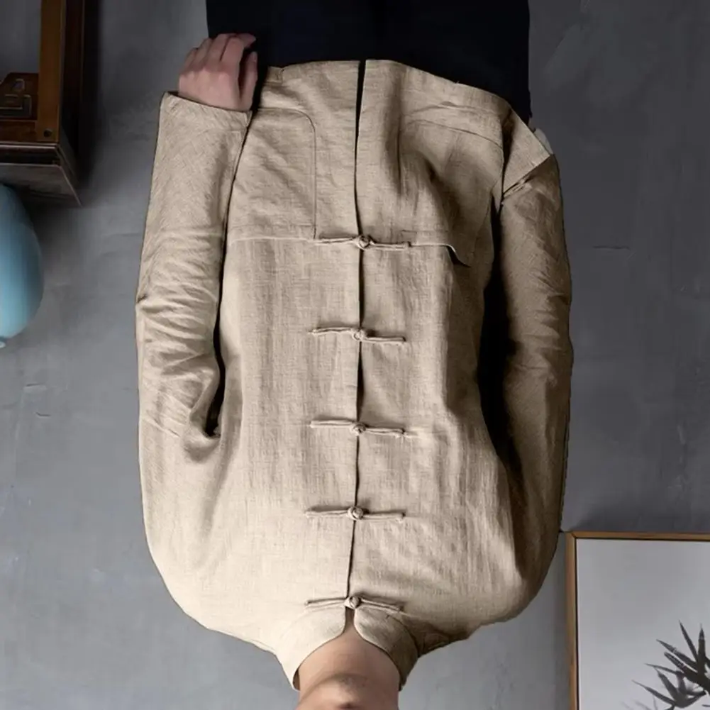 Men Autumn Chinese Style Shirt Top Mandarin Collar Long Sleeve Pockets Disc Button Traditional Kung Fu Tai Chi Shirt Tang Tops U