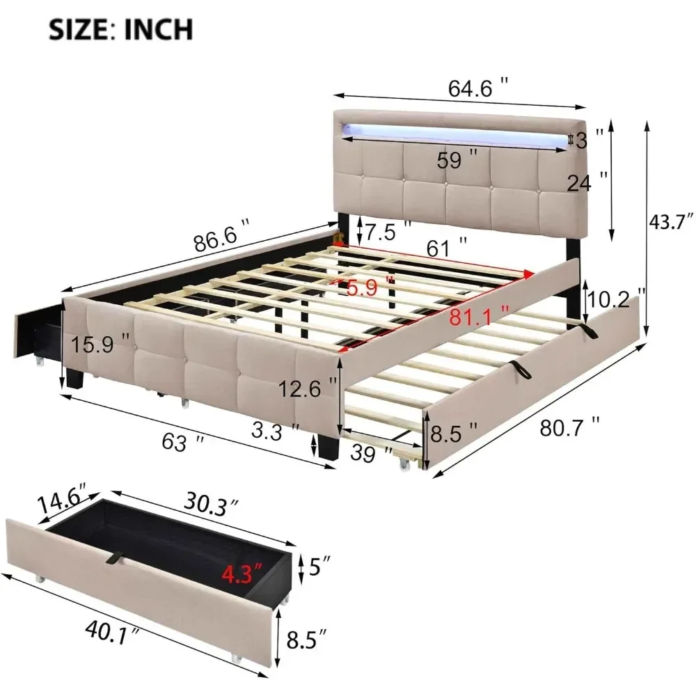 Queen Size Bed Frame with Twin-XL Trundle and Two Drawers, Lighting & Button Tufted Headboard, Linen Fabric Bed Frame