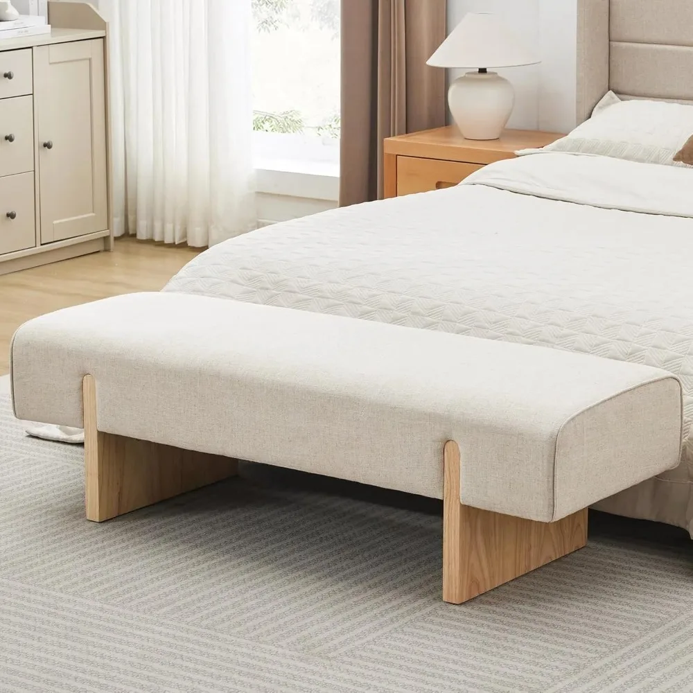 Solid Wooden Bench for Bedroom, 55'' Linen Fabric End of Bed Bench Queen Size, Modern Accent Entryway Bench