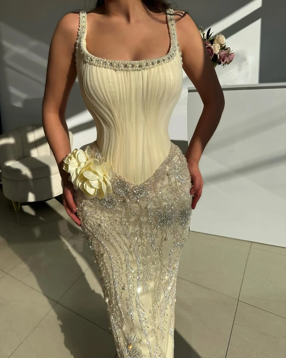 

Sparkly Sequin Beading Evening Dresses Spaghetti Straps Pearls Crystal Flowers Mermaid Formal Party Prom Gown Vestido Customized