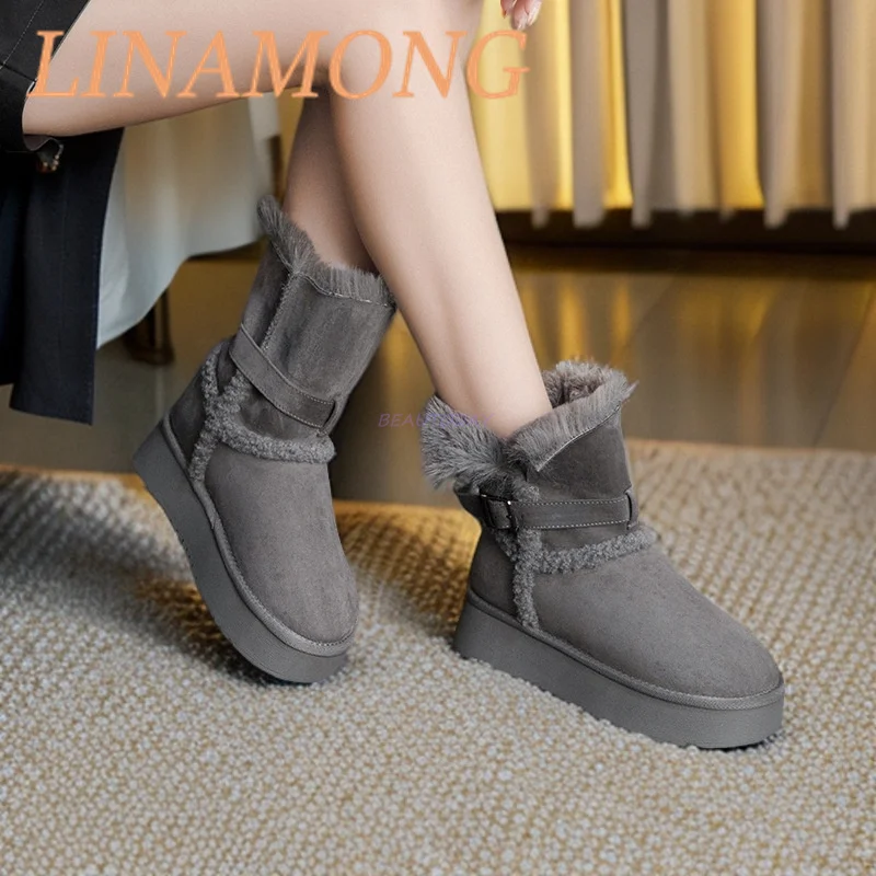 Suede Belt Buckle Snow Boots Simple Style Splicing Design Sleeve and Fleece Warm Thick Sole Height Increasing Short Boots