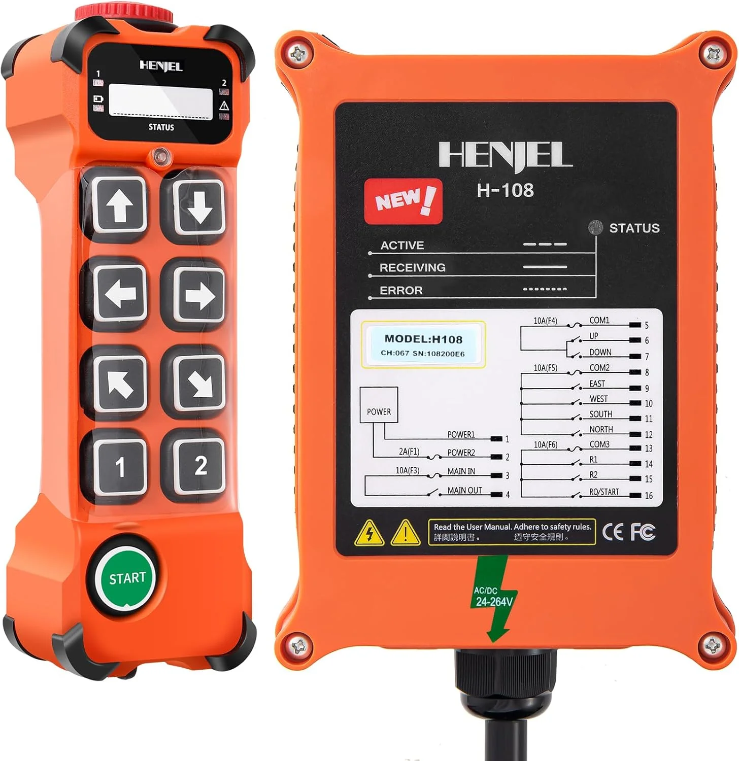 รีโมทคอนโทรลไร้สาย HENJEL H108 สำหรับเครนยกของ 8 ปุ่ม ควบคุมแบบขั้นตอนเดียว ใช้ไฟ DC 24V 48V 110V 220V AC กันน้ำ สำหรับงานอุตสาหกรรม