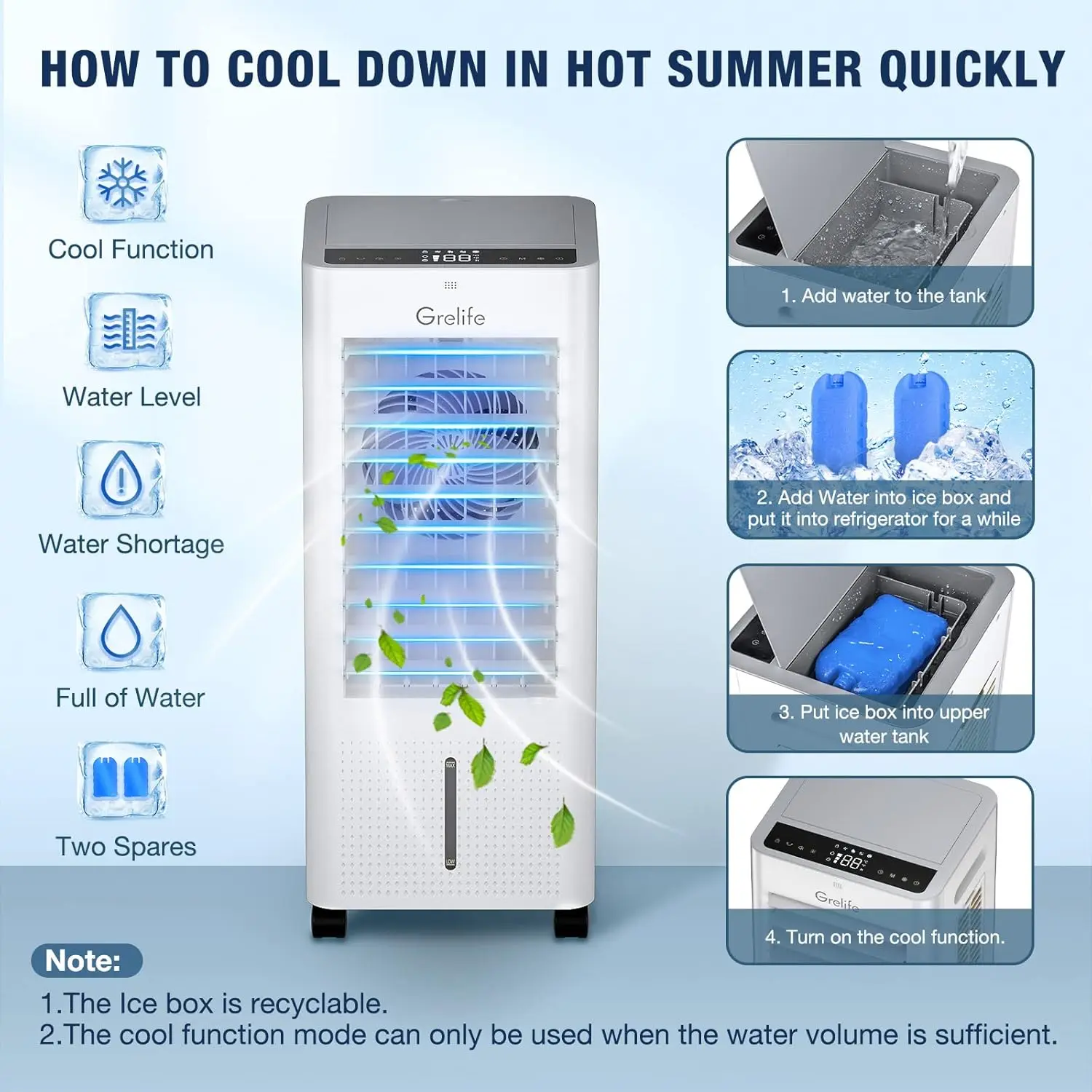 ポータブル蒸発空気冷却器,3 in 1,冷却ファン,4つのアイスパック,12時間のタイマー,1.58ガロン,リモコン,3つのモード