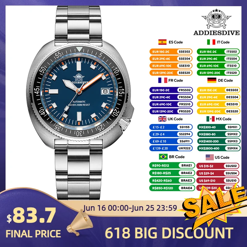 

ADDIESDIVE Новые дайверские часы AD2081, роскошные сапфировые часы с AR-покрытием NH35, автоматические водонепроницаемые мужские часы 20 бар, светящиеся мужские часы